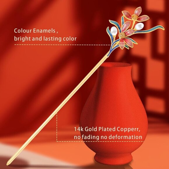 Hair Stick Jewelry-Grade Metal Pearl Flower Dunhuang Style Enamel 5.9\